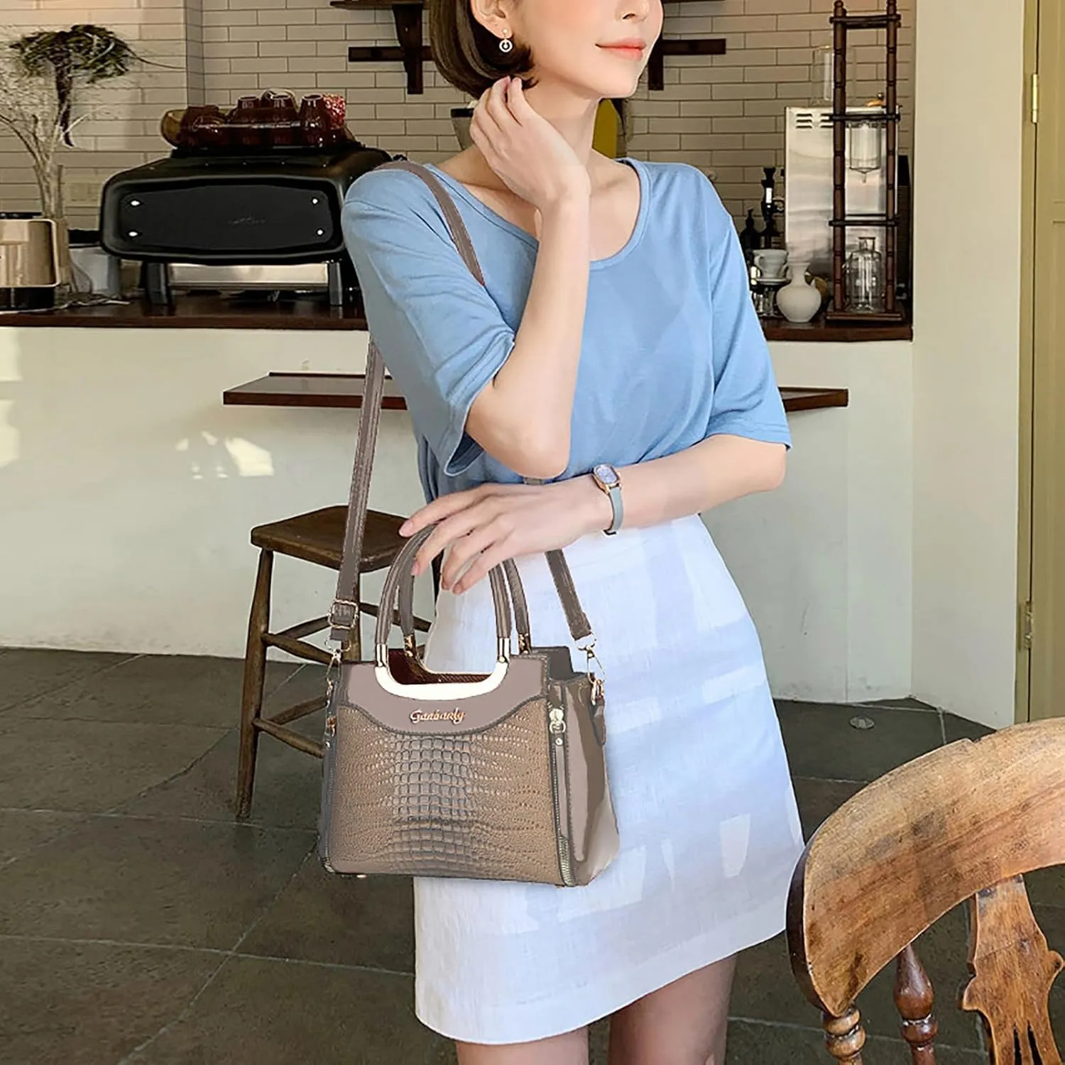 PORT&LOTUS Small Top Handle Crossbody Purses for Women Crocodile Pattern Shoulder Bags for Women