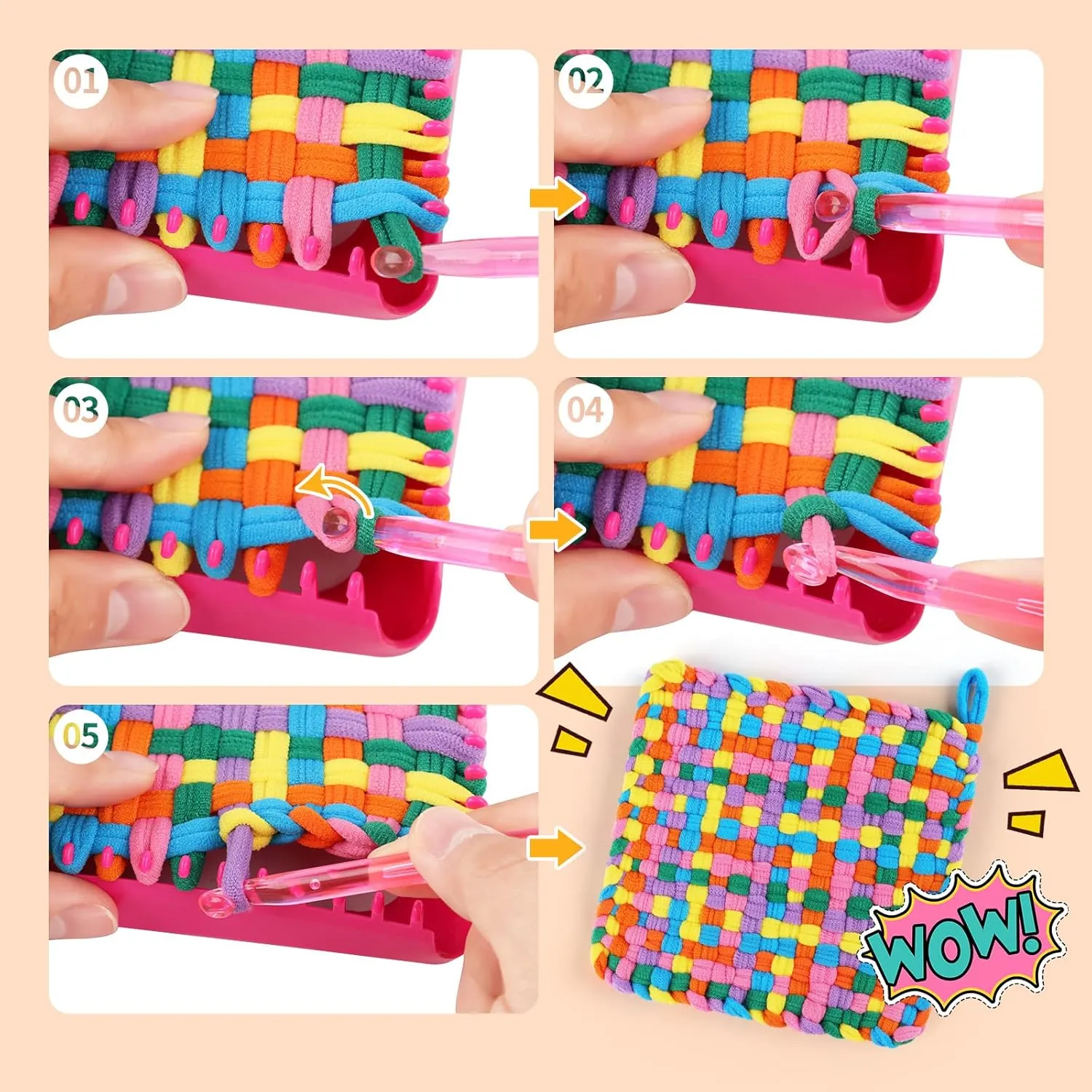 PREBOX Weaving Loom Kit Toys for Kids and Adults, Potholder Loops Crafts for Girls Ages 6 7 8 9 10 11 12, 7" Pot Holder Loom Knitting Kits and Gifts for Kids and Beginners, Make 6 Masterpieces