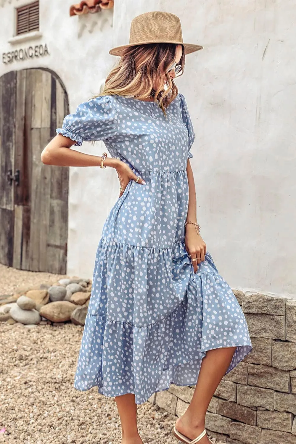 PRETTYGARDEN Women's Summer Casual Floral Boho Dress Puff Short Sleeve Ruffle Flowy Beach Party Midi Dresses