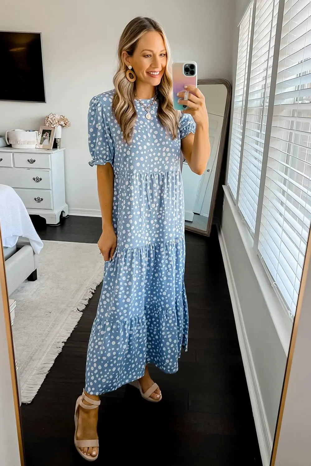 PRETTYGARDEN Women's Summer Casual Floral Boho Dress Puff Short Sleeve Ruffle Flowy Beach Party Midi Dresses
