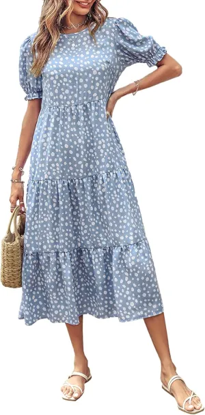 PRETTYGARDEN Women's Summer Casual Floral Boho Dress Puff Short Sleeve Ruffle Flowy Beach Party Midi Dresses