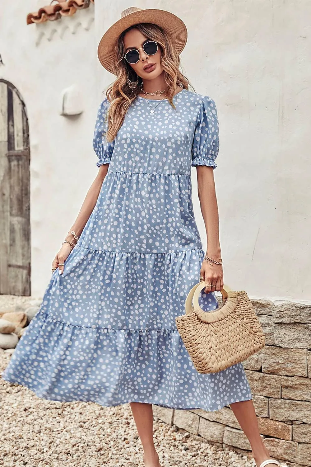 PRETTYGARDEN Women's Summer Casual Floral Boho Dress Puff Short Sleeve Ruffle Flowy Beach Party Midi Dresses