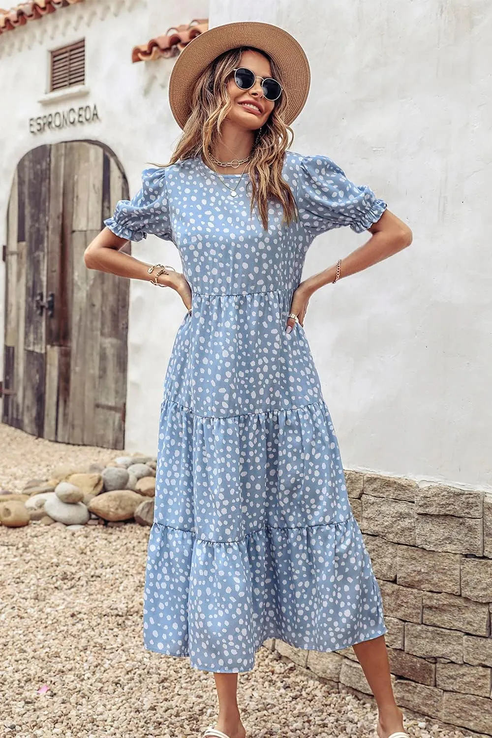 PRETTYGARDEN Women's Summer Casual Floral Boho Dress Puff Short Sleeve Ruffle Flowy Beach Party Midi Dresses
