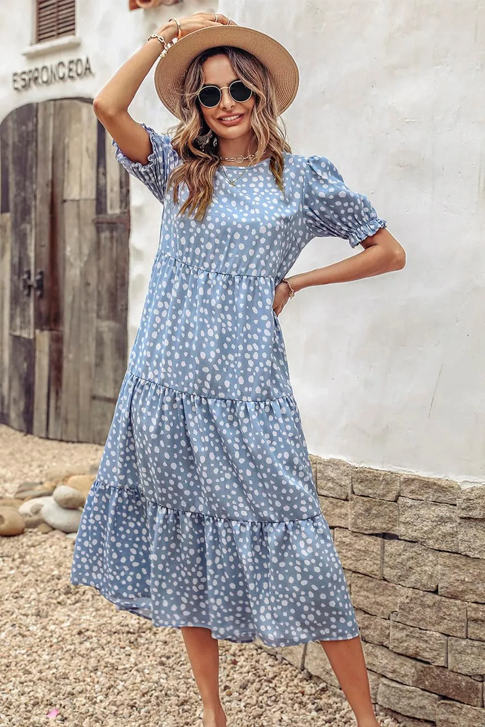 PRETTYGARDEN Women's Summer Casual Floral Boho Dress Puff Short Sleeve Ruffle Flowy Beach Party Midi Dresses