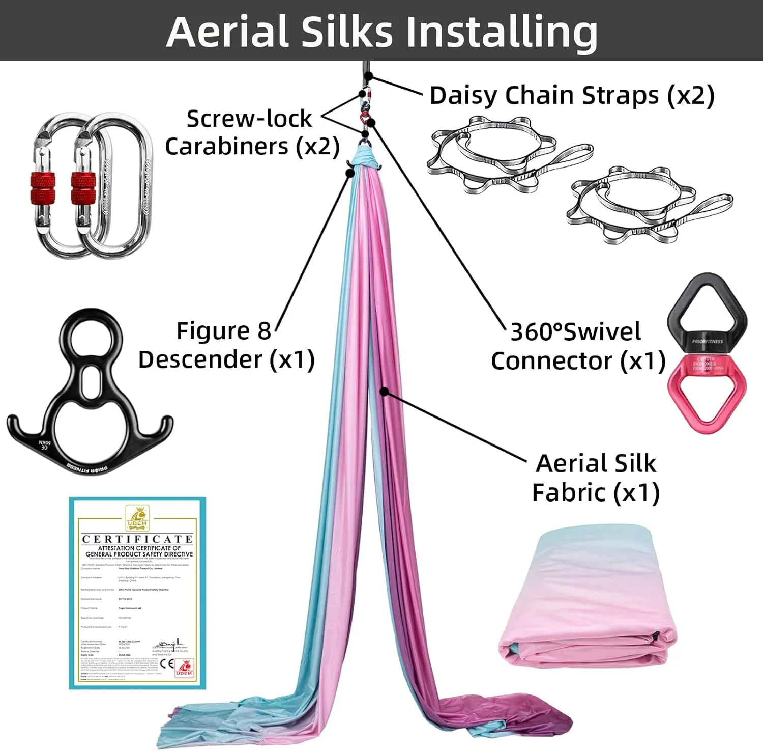 PRIOR FITNESS Aerial Silks Kit Colorful 9/15/20 Yards 40D Nylon Fabric Hammock Set With Hardware & Guide for All Levels Of Aerial Yoga Practice and Acrobatic Flying For Adults Aerial silk