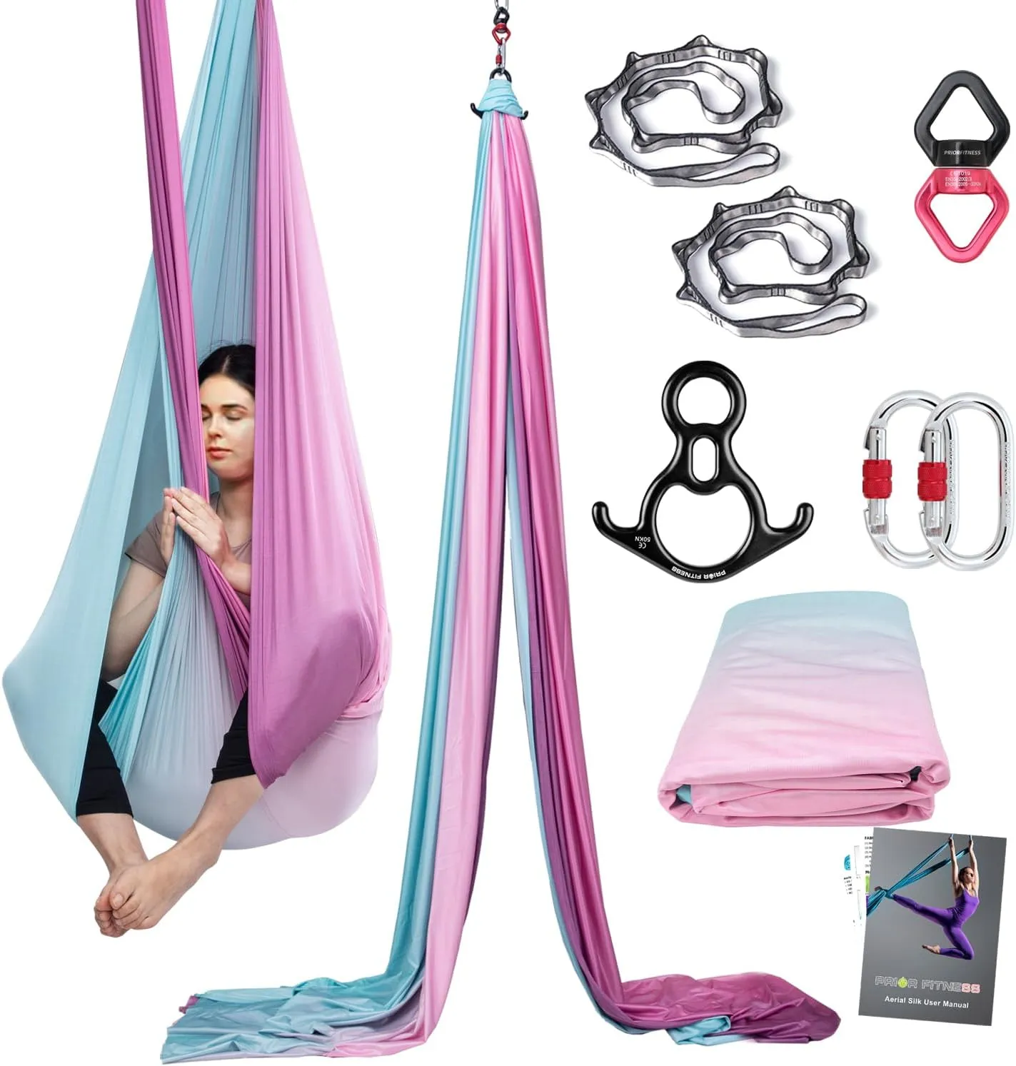 PRIOR FITNESS Aerial Silks Kit Colorful 9/15/20 Yards 40D Nylon Fabric Hammock Set With Hardware & Guide for All Levels Of Aerial Yoga Practice and Acrobatic Flying For Adults Aerial silk