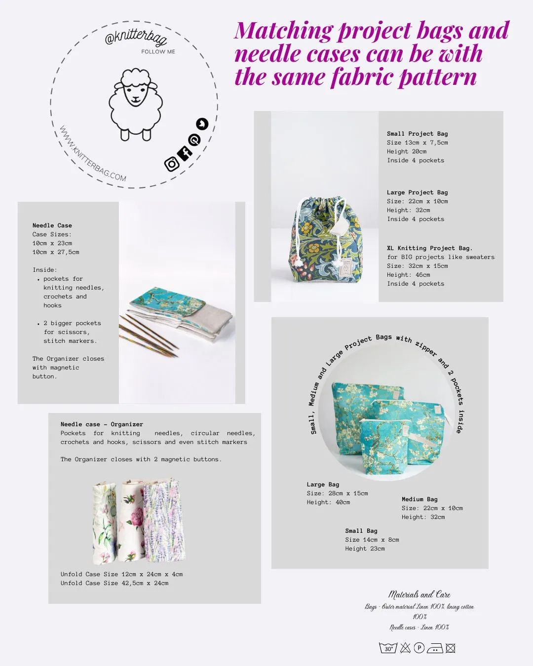 Project bags. Set of 2 Knitter Project Bags. Large and Small. Summer Flowers collection. Peony print