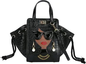 PU Leather 3D Lady Face Top Handle Satchel Handbag Crocodile Pattern Tote Purse Funky Shoulder Bag Unique Crossbody