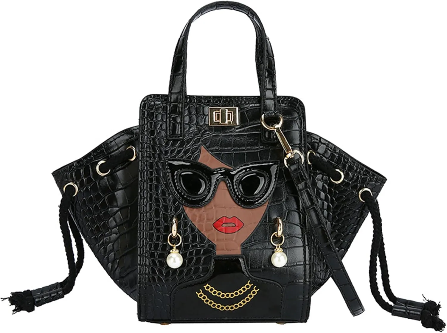 PU Leather 3D Lady Face Top Handle Satchel Handbag Crocodile Pattern Tote Purse Funky Shoulder Bag Unique Crossbody