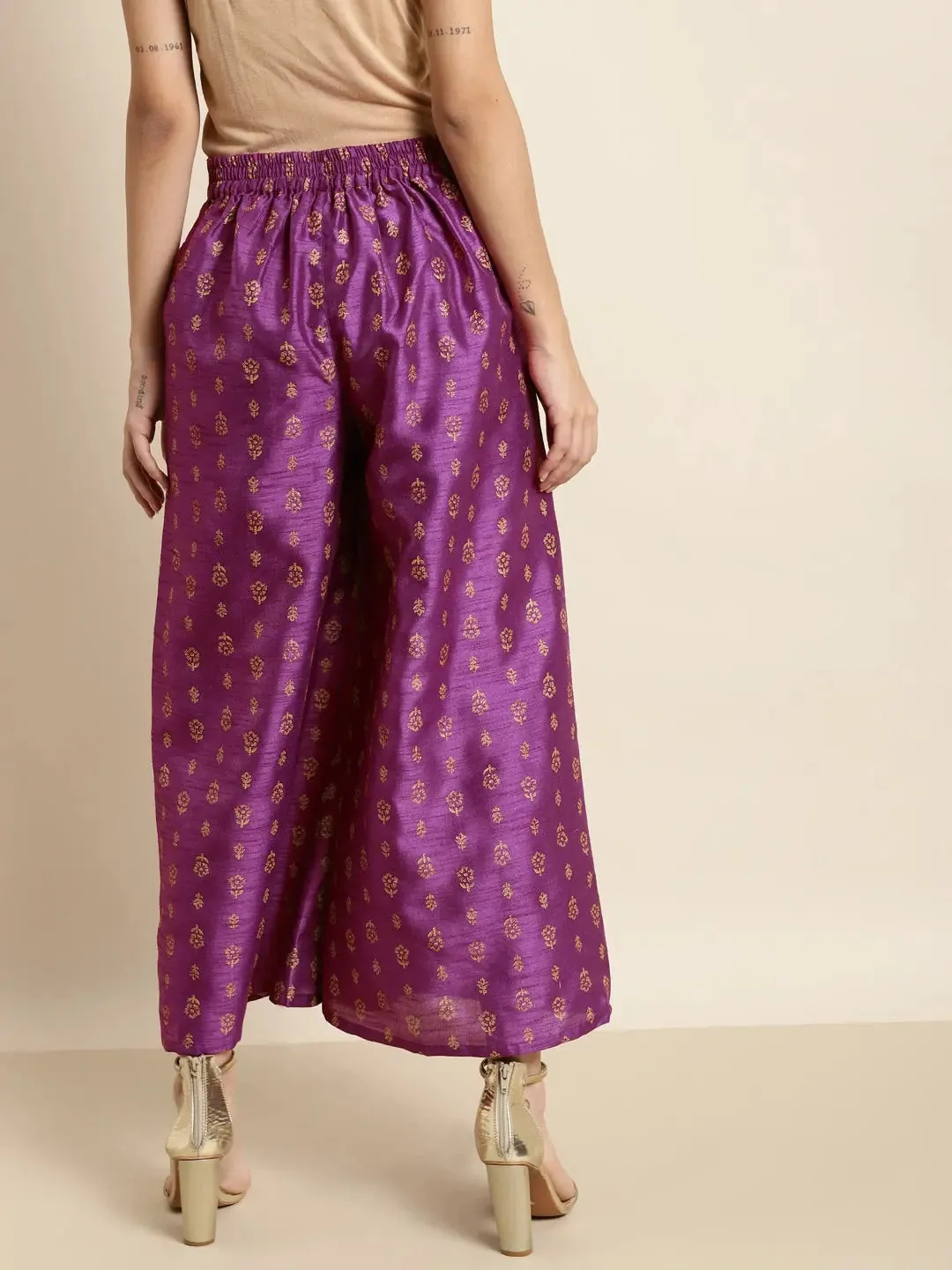 Purple Foil Floral Ankle Length Palazzo Pants