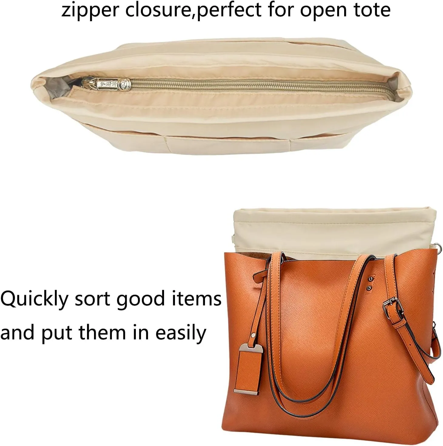 Purse Organizer Insert for Handbags, Nylon Tote Bag Organizer Insert Zipper Bag for Women Beige X-Small