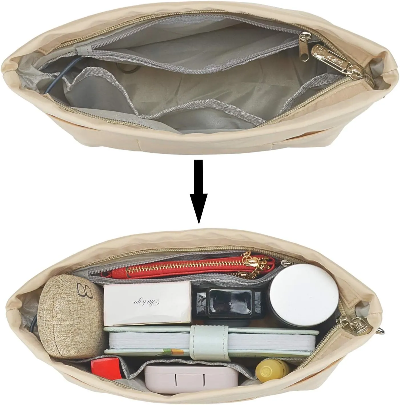Purse Organizer Insert for Handbags, Nylon Tote Bag Organizer Insert Zipper Bag for Women Beige X-Small