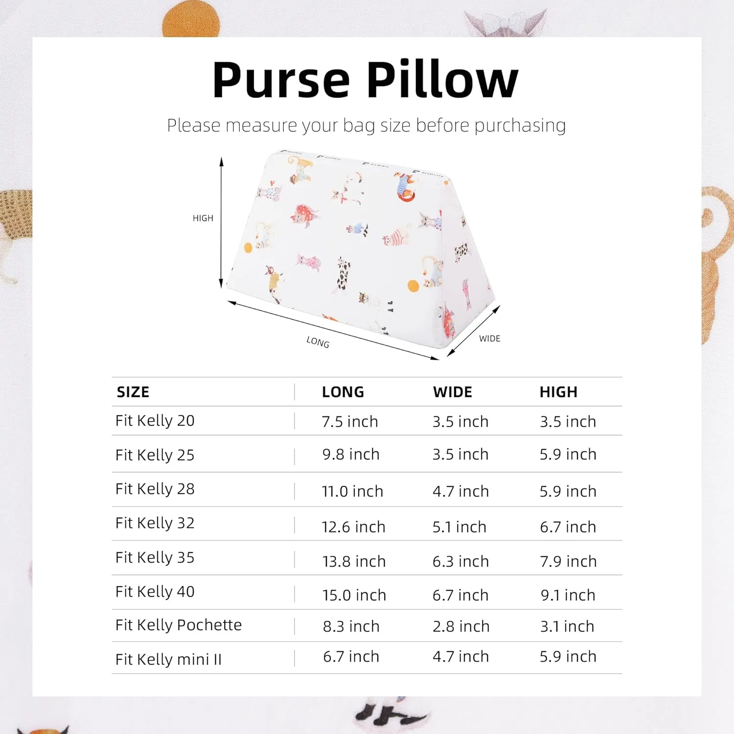 Purse Pillow Insert for Kelly mini/25/28/32/35 bags, Soft Memory Foam Bag Pillow, Luxury Handbag Tote Shaper (Kelly28,Cat Paradise)