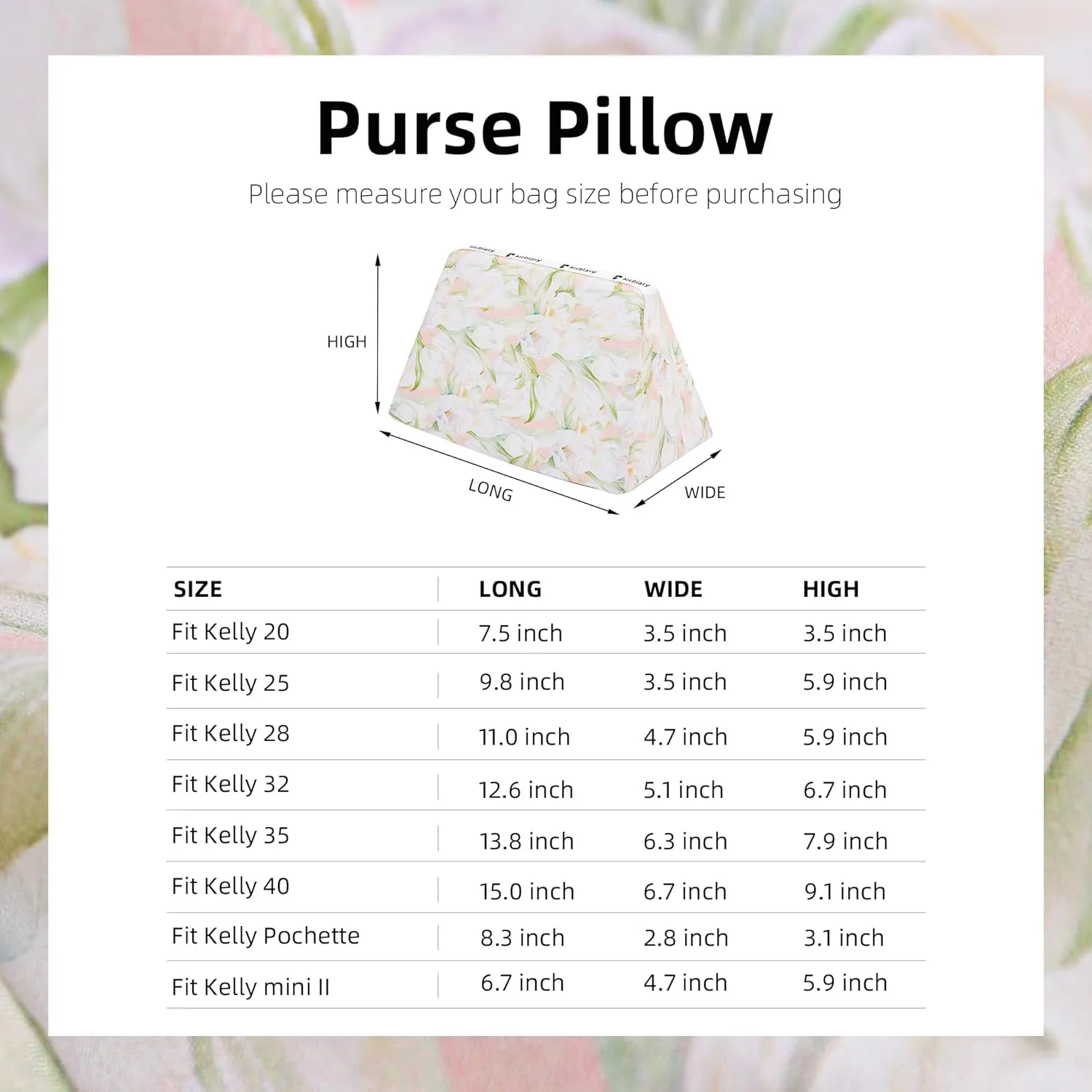 Purse Pillow Shaper Insert, Tote Handbag Shapers, Memory Foam, for Kelly mini/25/28/32/35 bags (Kelly mini2,French Tulips)