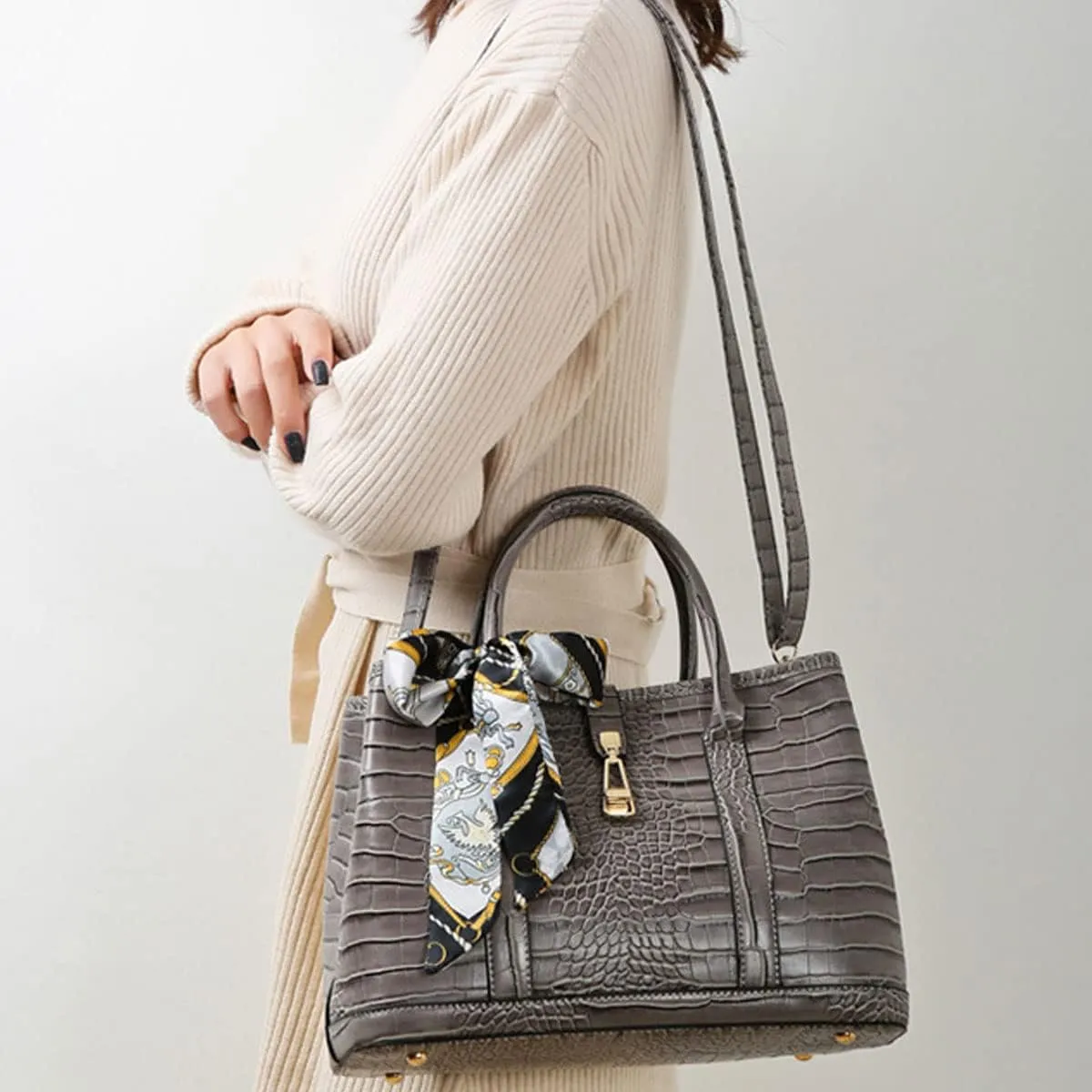 Purses and Handbags for Women Crocodile Pattern Shoulder Tote Bags Top Handle Satchel with Bowknot