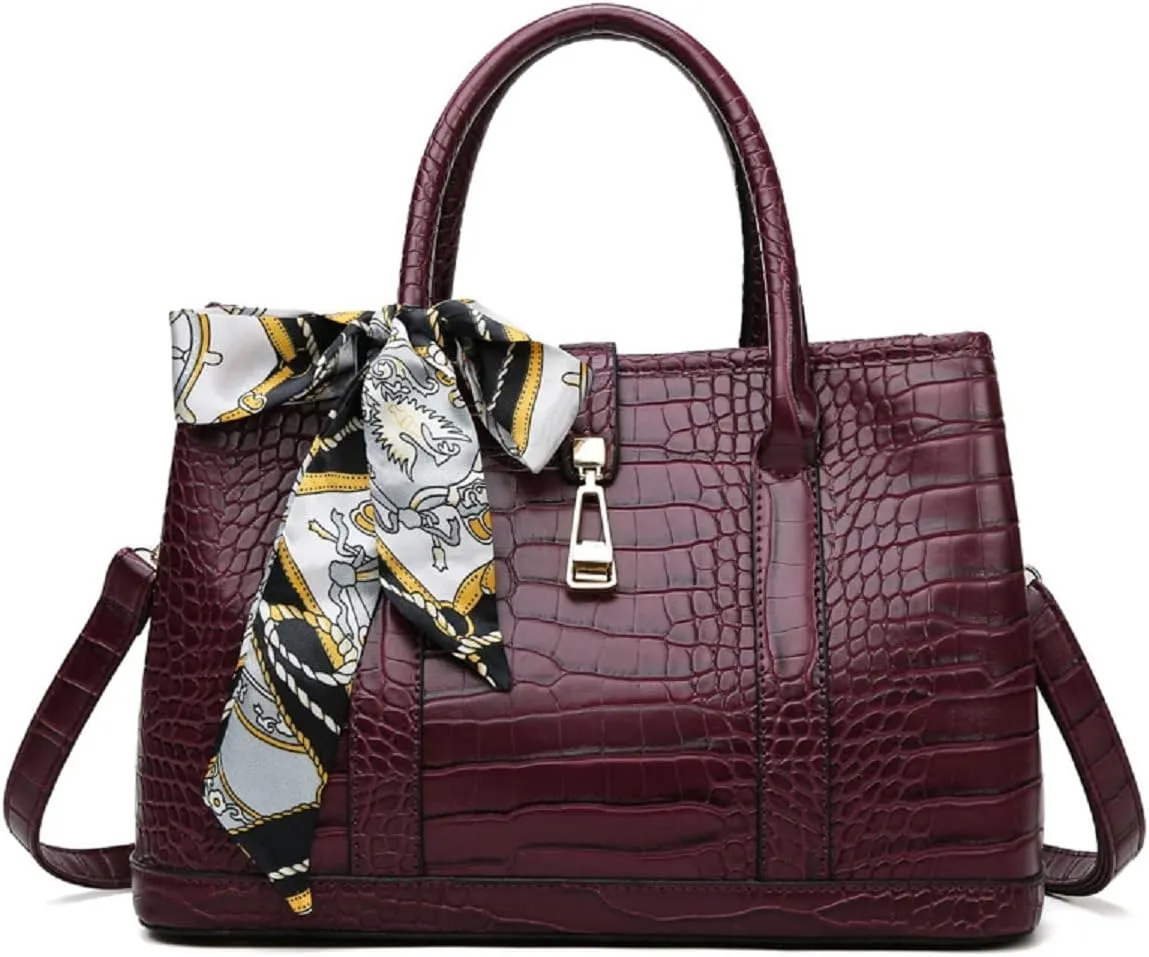 Purses and Handbags for Women Crocodile Pattern Shoulder Tote Bags Top Handle Satchel with Bowknot
