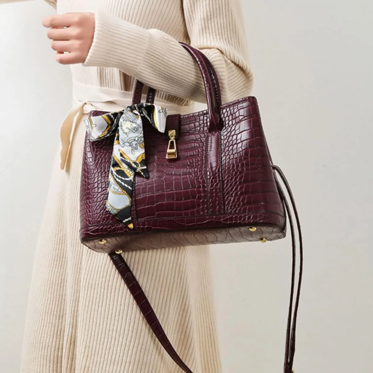 Purses and Handbags for Women Crocodile Pattern Shoulder Tote Bags Top Handle Satchel with Bowknot
