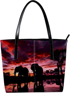 Purses for Women,Tote Bag Aesthetic,Women's Tote Handbags,African Sunset Grassland Elephant