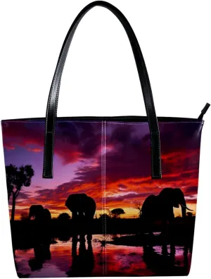 Purses for Women,Tote Bag Aesthetic,Women's Tote Handbags,African Sunset Grassland Elephant