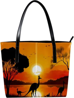 Purses for Women,Tote Bag Aesthetic,Women's Tote Handbags,Australia Sunset Kangaroo Ostrich