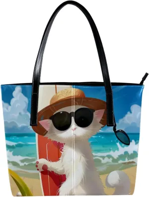 Purses for Women,Tote Bag Aesthetic,Women's Tote Handbags,Cat Enjoy Beach