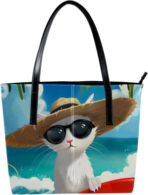 Purses for Women,Tote Bag Aesthetic,Women's Tote Handbags,Cat Enjoy Beach