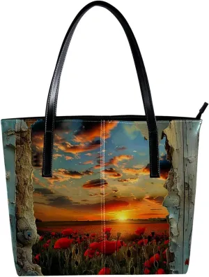 Purses for Women,Tote Bag Aesthetic,Women's Tote Handbags,Door Sunset Flower Field