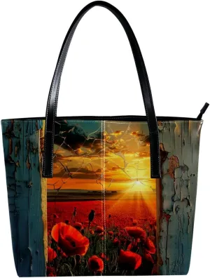 Purses for Women,Tote Bag Aesthetic,Women's Tote Handbags,Door Sunset Flower Field