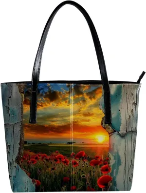Purses for Women,Tote Bag Aesthetic,Women's Tote Handbags,Door Sunset Flower Field