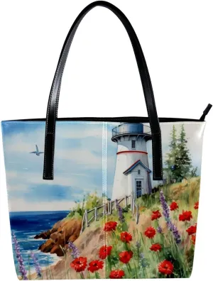Purses for Women,Tote Bag Aesthetic,Women's Tote Handbags,Flower Bush Summer Lighthouse
