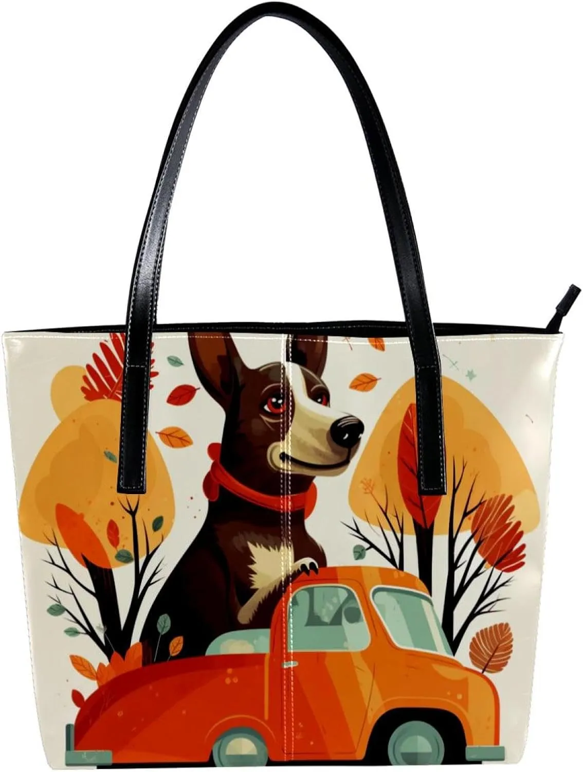 Purses for Women,Tote Bag Aesthetic,Women's Tote Handbags,Welcome Home Funny Dog Red Car Tree