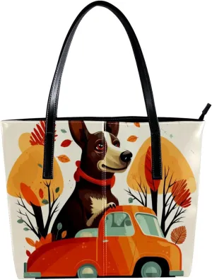Purses for Women,Tote Bag Aesthetic,Women's Tote Handbags,Welcome Home Funny Dog Red Car Tree