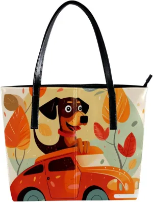 Purses for Women,Tote Bag Aesthetic,Women's Tote Handbags,Welcome Home Funny Dog Red Car Tree