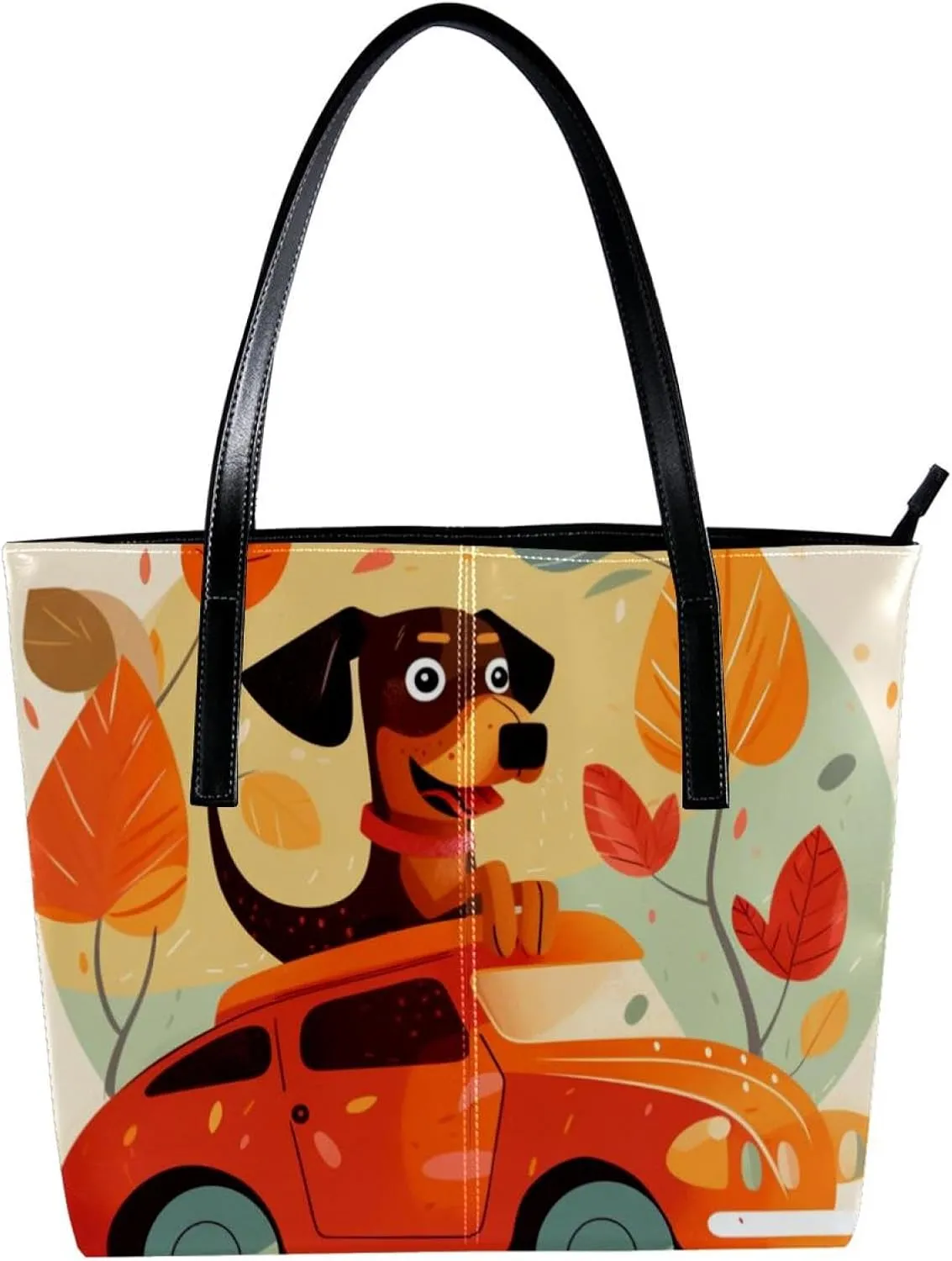 Purses for Women,Tote Bag Aesthetic,Women's Tote Handbags,Welcome Home Funny Dog Red Car Tree
