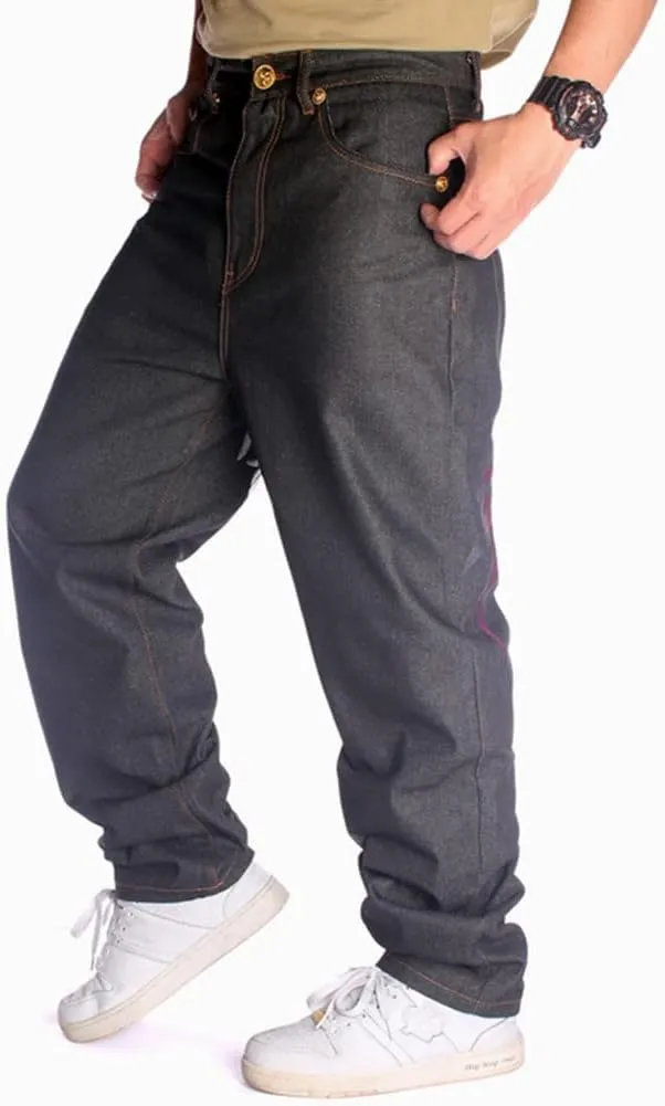 QBO Men's Hip-hop Embroidered Printed Baggy Denim Jeans Pants Trousers