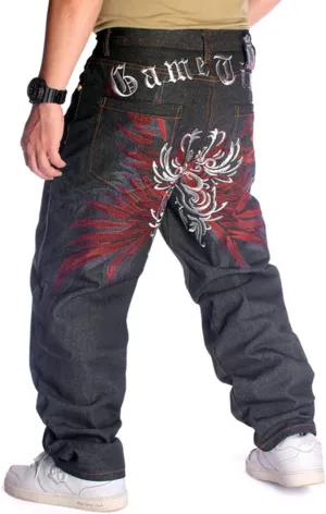 QBO Men's Hip-hop Embroidered Printed Baggy Denim Jeans Pants Trousers