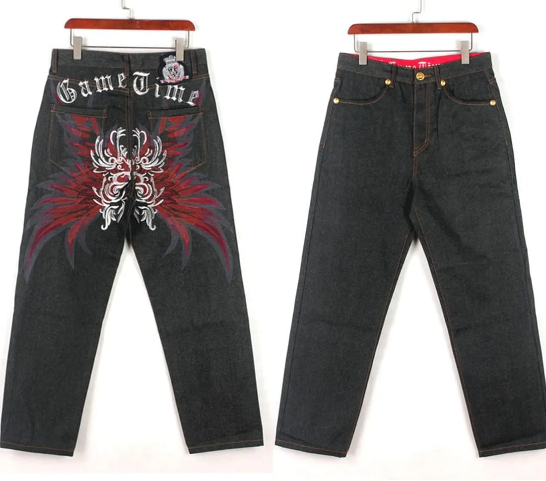 QBO Men's Hip-hop Embroidered Printed Baggy Denim Jeans Pants Trousers