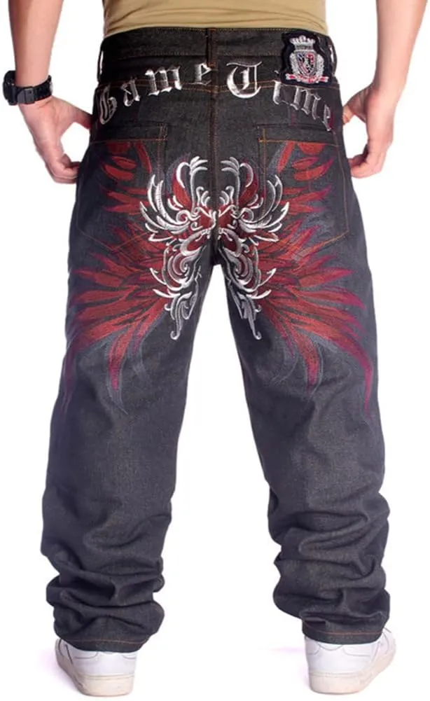QBO Men's Hip-hop Embroidered Printed Baggy Denim Jeans Pants Trousers
