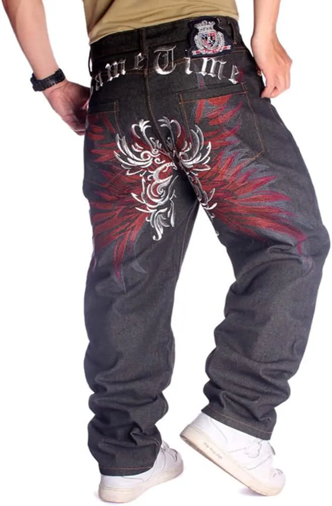 QBO Men's Hip-hop Embroidered Printed Baggy Denim Jeans Pants Trousers