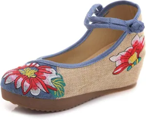 Qianmome Chinese Old Beijing Women's Multicolor Lotus Embroidery Mary Jane Wedges Sandals Shoes