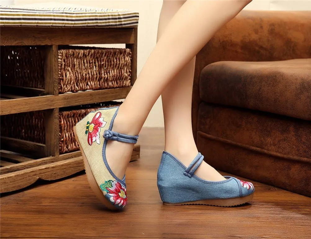Qianmome Chinese Old Beijing Women's Multicolor Lotus Embroidery Mary Jane Wedges Sandals Shoes