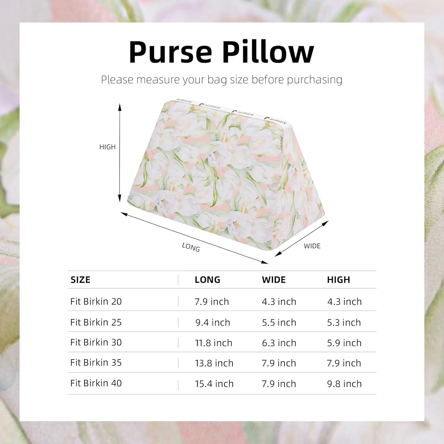 Rayon Purse Pillow Shaper Insert, unique pattern handbag shapers, Memory Foam, for Birkin 25/30/35/40 bags (BK30,French Tulips)