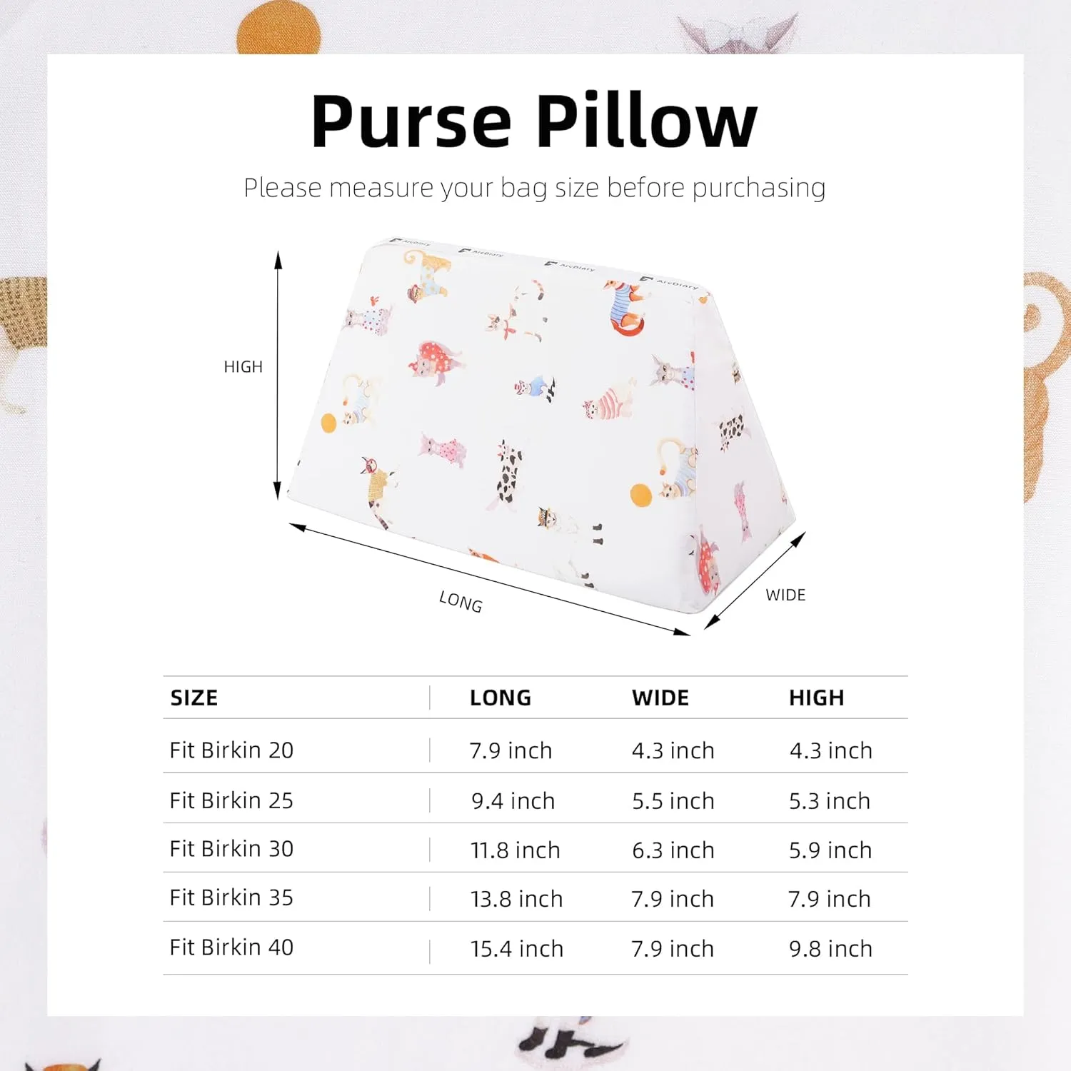 Rayon Purse Pillow Shaper Insert, unique pattern handbag shapers, Memory Foam, for Birkin 25/30/35/40 bags(BK30,Cat paradise)