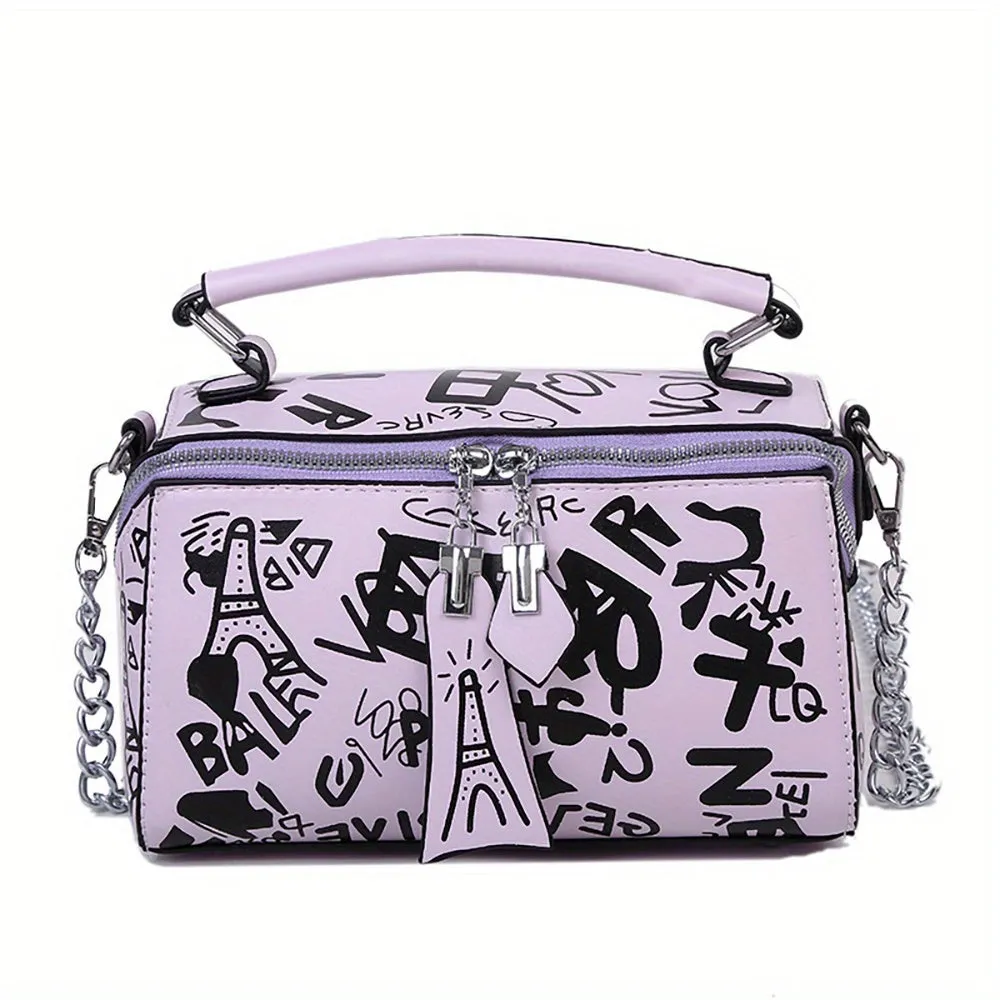 realaiot  Graffiti Handbags For Women, Trendy Chain Crossbody Bag, Small Zipper Box Purse