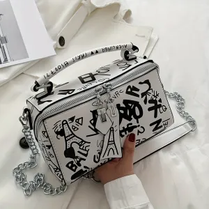 realaiot  Graffiti Handbags For Women, Trendy Chain Crossbody Bag, Small Zipper Box Purse