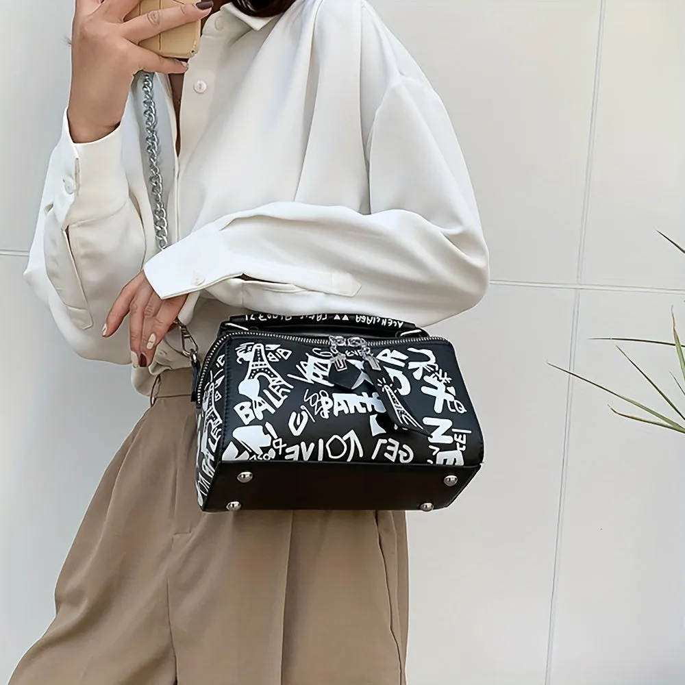 realaiot  Graffiti Handbags For Women, Trendy Chain Crossbody Bag, Small Zipper Box Purse