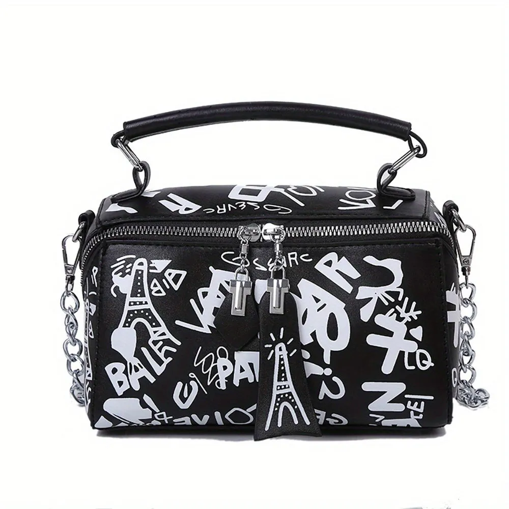 realaiot  Graffiti Handbags For Women, Trendy Chain Crossbody Bag, Small Zipper Box Purse