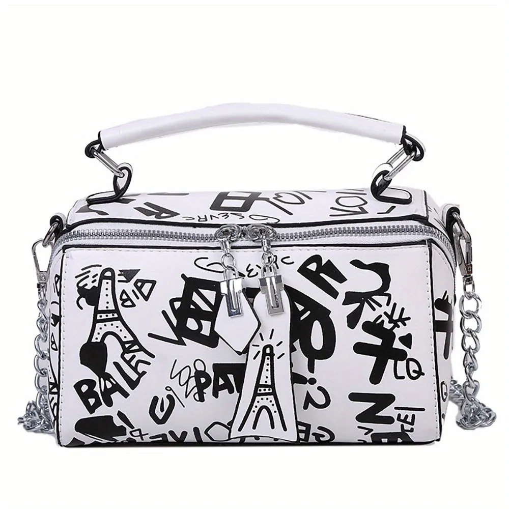 realaiot  Graffiti Handbags For Women, Trendy Chain Crossbody Bag, Small Zipper Box Purse