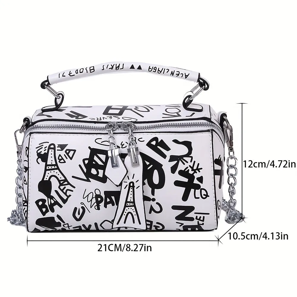 realaiot  Graffiti Handbags For Women, Trendy Chain Crossbody Bag, Small Zipper Box Purse