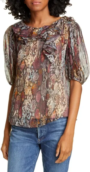 Rebecca Taylor Womens Black Ruffled Animal Print Jewel Neck Party Top L